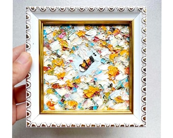 Original Bee Painting: Impasto Daisy Floral Art, Miniature Meadow