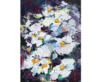 Daisies Painting Flower Original Art Black White Abstract Floral Oil Wall Art Meadow Impasto Artwork Heavy Texture 6 by 8" AnaGraceArtShop