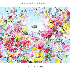 Bee Painting Bumblebee Original Art Pink Rose Flower Artwork Oil Impasto Meadow Blue  Honey Bee Textured Floral Wildflower Bright Art