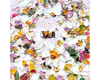 Impasto Honey Bee Painting: Mini Floral Art, 4x4" Original Oil