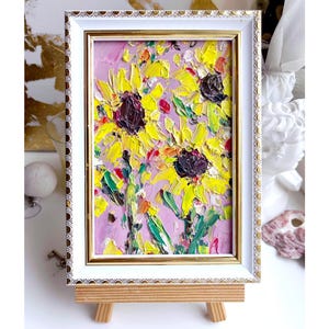 Sonnenblume Malerei Blume Originale Kunst Gelb floral Rosa Kleine Öl Impasto Kunstwerk Schwere Textur Mini Malerei 3d Abstrakte Moderne gerahmt