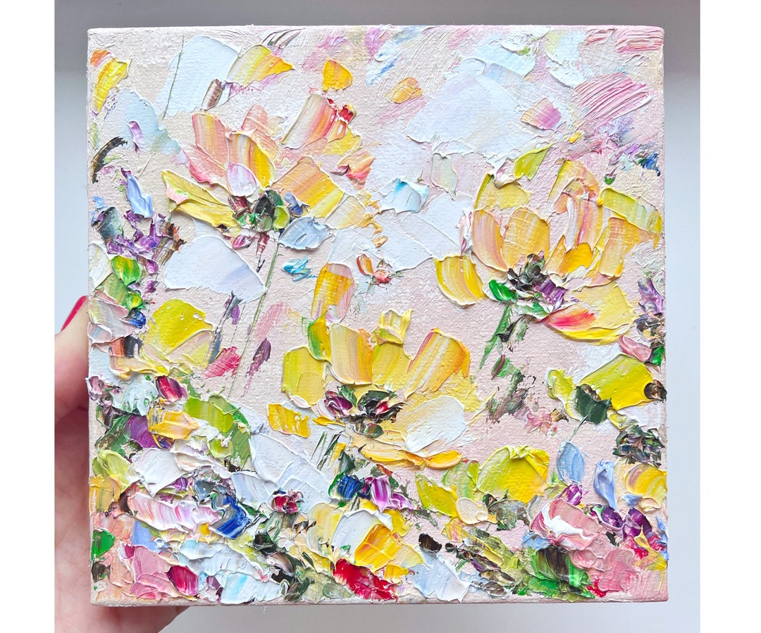 Flower Painting Floral Original Art Yellow Meadow Oil Impasto Artwork ...