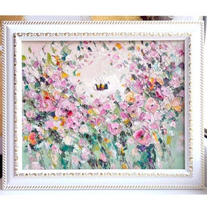 Bee Painting Bumblebee Original Art Pink Rose Flower Artwork Oil Impasto Meadow Beige Tender Honey Bee Textured Floral Light Nursery Framed