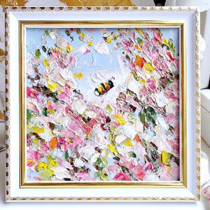 Bee Painting Honey Bee Original Art Pink Flower Artwork Oil Impasto Meadow Honeybee Rose Art Bumblebee Small Floral Nursery Kids Girls Room