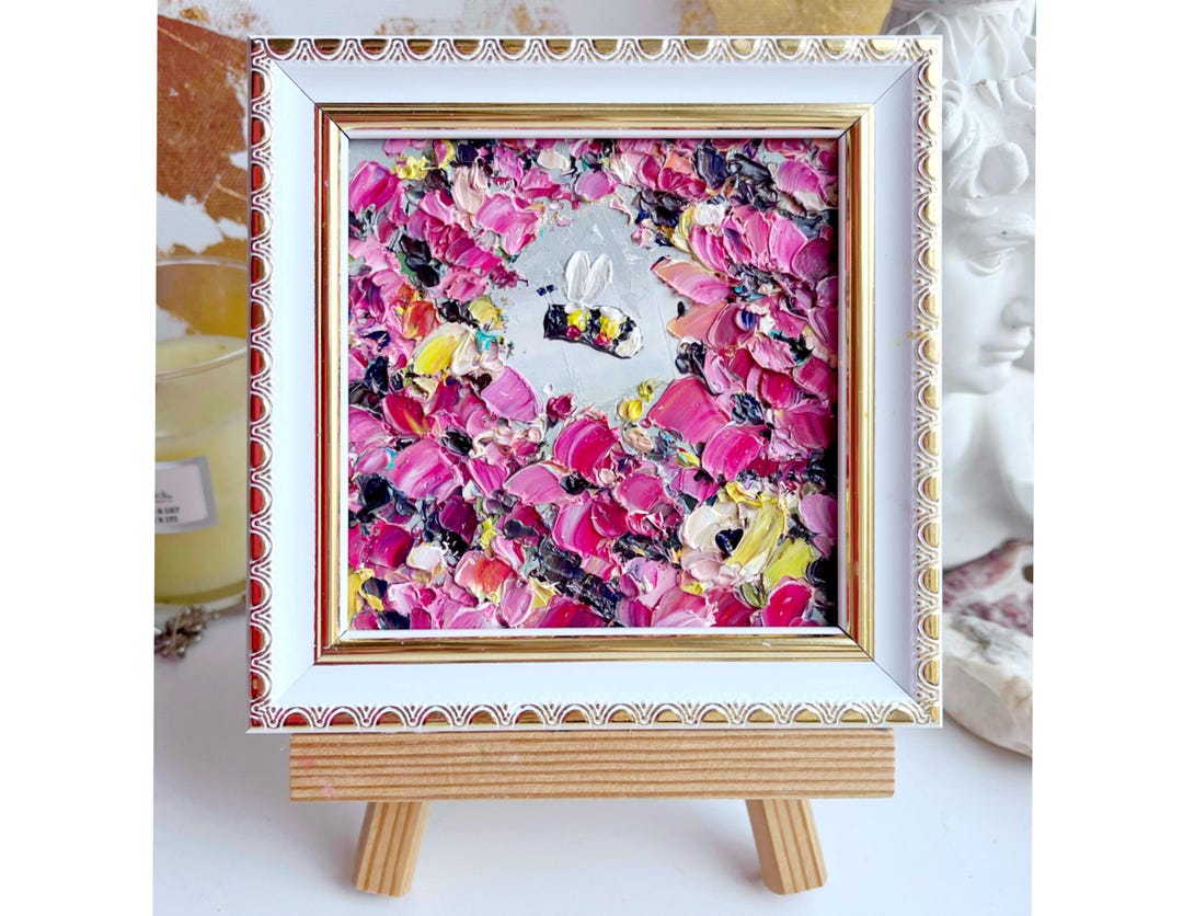 Bee Painting Honey Bee Original Art Pink Floral Flower Artwork Mini ...