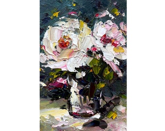 Peinture de fleurs abstraite pivoine art original petit art mural floral couteau à palette empâtement huile noir lourd texturé mini 3d pivoines blanches 4 6""