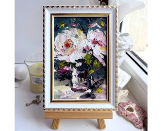 Peinture florale abstraite pivoine art original petit art mural floral couteau à palette empâtement huile noir lourd texturé mini pivoines blanches encadré