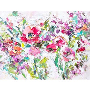 Floral Painting Flower Original Art Pink Meadow Oil Wall Art Palette Knife Impasto Painting Small Textured Modern Flowers Artwork
