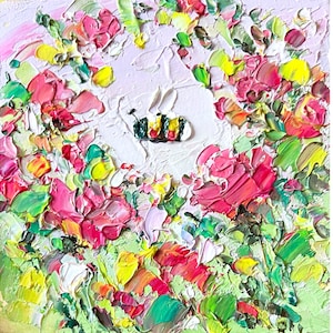 Bee Painting Bumblebee Original Art Pink Flower Artwork Mini Oil Impasto Colorful Art Honeybee  Small Tender Floral Red Rose 4”