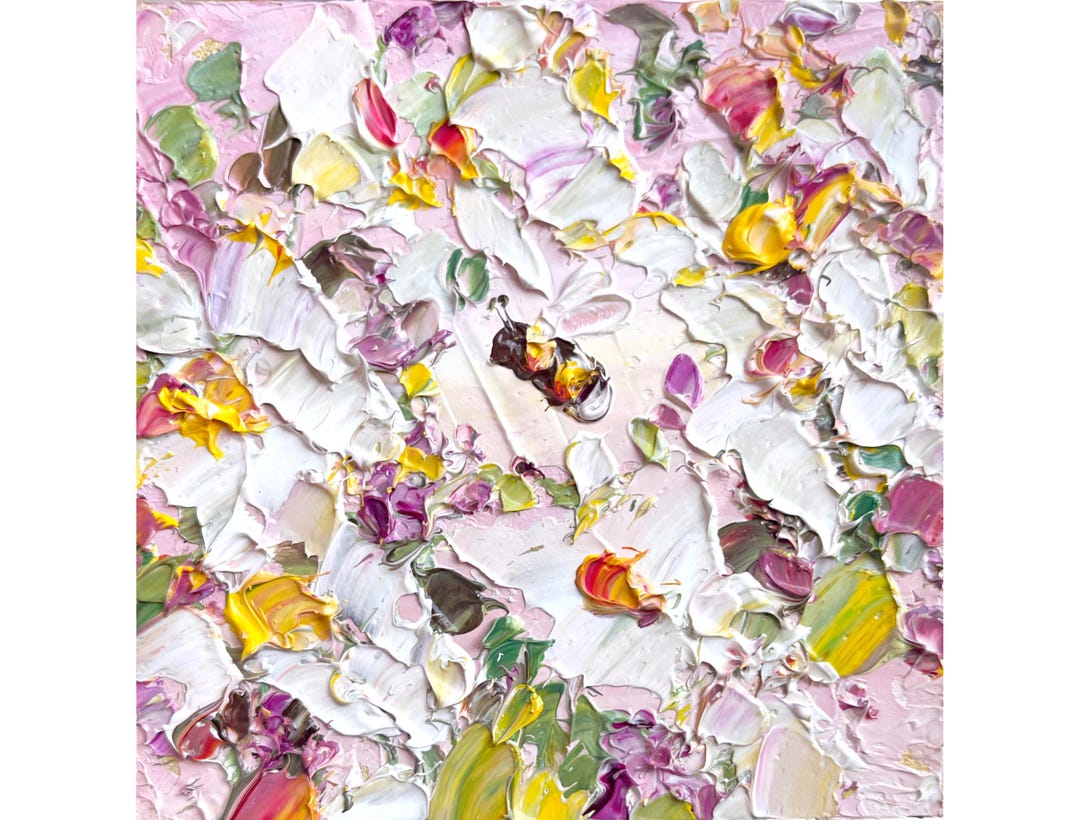 Bee Painting Honey Bee Original Art Pink Flower Artwork Mini Honeybee ...