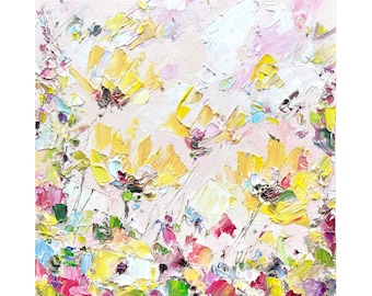 Gelbe Blumen Ölgemälde: Impasto Wiesen-Kunst (20x20cm)