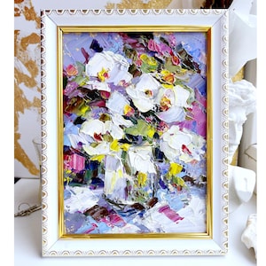 Fleur peinture abstraite fleur art original petit blanc botanique mural art couteau à palette empâtement peinture à l&#39;huile texturé bouquet violet encadré