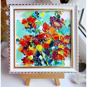 Poppy Painting Flower Original Art Orange poppies artwork Oil impasto textured Red Green Colorful Abstract small Birth Floral Modern Framed