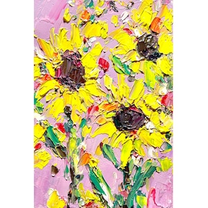 Sonnenblume Malerei Blume Original Art Gelb floral Rosa Kleine Öl Impasto Kunstwerk Schwere Textur Mini Malerei 3d Abstrakte Moderne Kunst