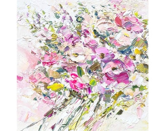 Blumengemälde, florale Originalkunst, zartes Öl, pastose Wiese, strukturiertes Kunstwerk, Wildblumen, rosa abstraktes Feld, 20 x 20 cm