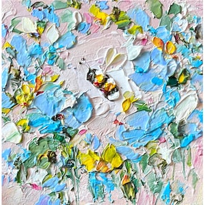 Bee Painting Honey Bee Original Art Purple Blue Flower Artwork Honeybee Colorful Pink Bumblebee Oil Impasto Small Floral Art Mini Meadow