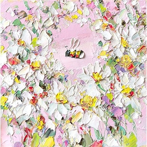 Bee Painting Honey Bee Original Art White Daisy Flower Artwork Mini Honeybee Camomile Meadow Bumblebee Oil Impasto Small Pink Floral Art