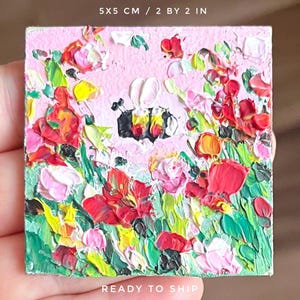 Bee Painting Honey Bee Original Art Pink Red Flower Artwork Honeybee Miniature Bumblebee Oil Impasto Small Floral Mini Meadow