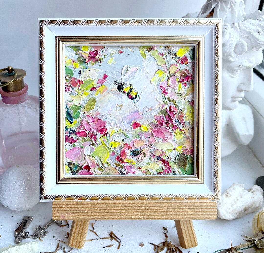Bee Painting Honey Bee Original Art Pink Flower Artwork Mini Honeybee ...