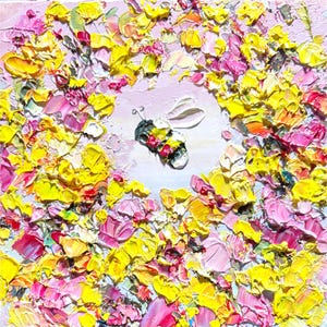 Bee Painting Bumblebee Original Art Pink Flower Artwork Mini Oil Impasto Colorful Art Honeybee  Small Tender Floral Yellow Rose Mini Art