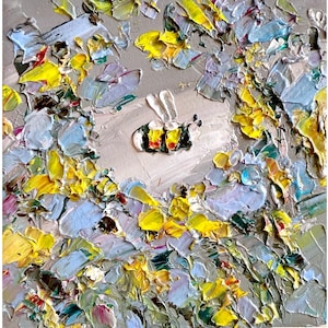 Bee Painting Honey Bee Original Art Yellow Flower Artwork Honeybee Grey Art Bumblebee Oil Impasto Small Floral Mini Meadow Framed