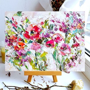 Peinture florale fleur oeuvre d&#39;art originale empâtement à l&#39;huile prairie rose art mural petit couteau à palette texturé
