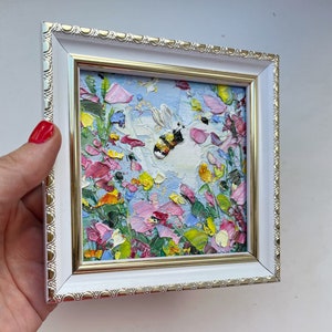 Bee Painting Honey Bee Original Art Flower Artwork Mini Honeybee Colorful Wall Art Bumblebee Oil Impasto Small Pink Floral Art Painting 3d image 4