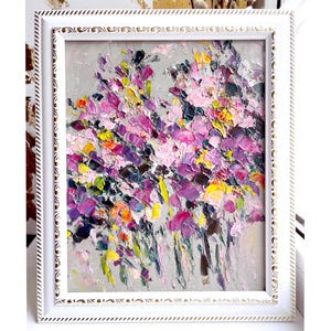 Flower Painting Floral Original Art Abstract Meadow oil Impasto Artwork Small Art Grey Purple Pink Textured WildFlower Modern Art Framed