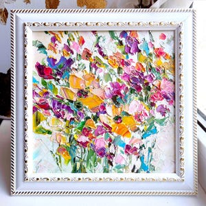 Peinture florale fleur Art original rose fleurs sauvages art couteau à palette empâtement oeuvre d&#39;art à l&#39;huile prairie colorée moderne abstrait texturé encadré