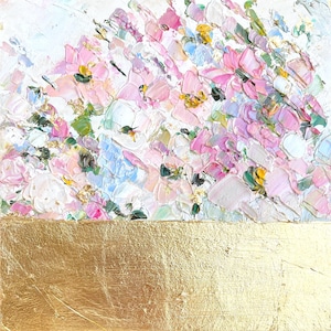 Floral Painting Abstract Flower Original Art Small White Rose Artwork Oil Impasto Art Palette Knife Textured Modern Pink Gold Meadow