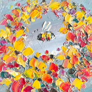 Bee Painting Honey Bee Original Art Orange Oil Impasto Flower Artwork Colorful Art Bumblebee Small Pink Floral Mini Meadow Wildflower