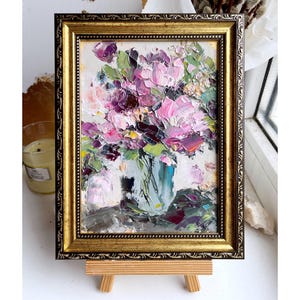 Water Lily Painting Abstract Flower Original Art Small Colorful Pink Floral Waterlily Modern Lilies Impasto Oil Artwork Textured Framed