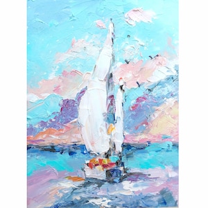 Sailboat Painting Lake Michigan Original Art Nautical Impasto Oil Colorful Seascape Artwork Small Boat Textured Art 6 by 8"