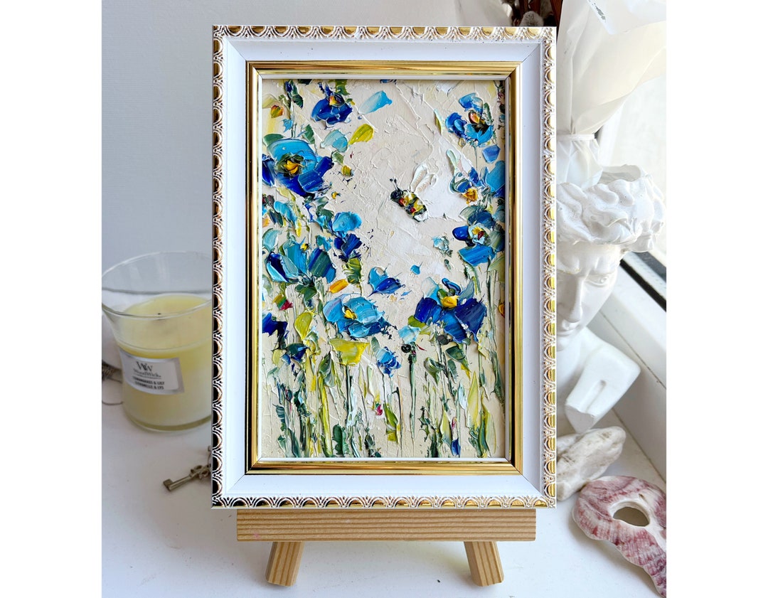 Bee Painting Honey Bee Original Art Blue Flower Artwork Honeybee ...