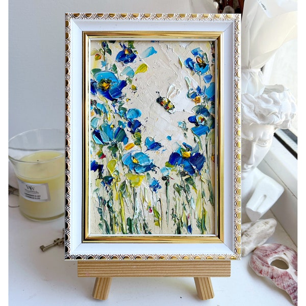 Bee Painting Honey Bee Original Art Blue Flower Artwork Honeybee Colorful Wall Art Bumblebee Oil Impasto Small Floral Art Mini Meadow Framed