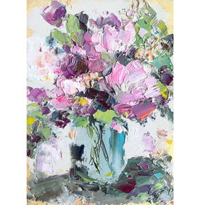Water Lily Painting Abstract Flower Original Art Small Colorful Pink Floral Waterlily in Vase Art Lilies Impasto Oil Artwork Textured