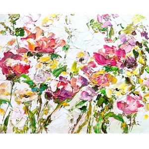 花の絵画 ピンクの花 オリジナルアート 赤いバラ ウォールアート パレットナイフ インパスト オイルアートワーク 草原 テクスチャ 抽象花 8 x 10インチ