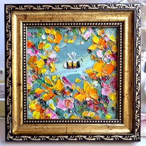 Bee Painting Honey Bee Original Art Orange Flower Artwork Oil Impasto Honey Bee Colorful Bumblebee Small Pink Floral Mini Meadow
