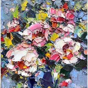 Flower Painting Floral Original Art Pink Peony Abstract Art Artwork Palette Knife Impasto Oil Textured Black Tender Peonies Grey Colorful
