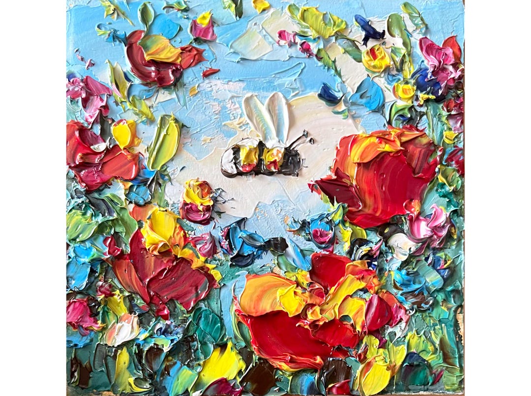 Bee Painting Honey Bee Original Art Orange Flower Artwork Honeybee ...