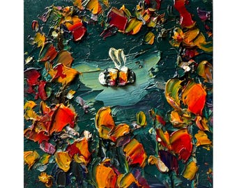 Impasto Oil Bee Painting: Orange Flowers, Textured Floral Artwork (4x4")