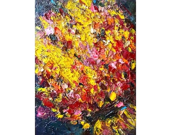 Impasto Oil Painting: Abstract Yellow Floral Bouquet, 6x8" Original Art