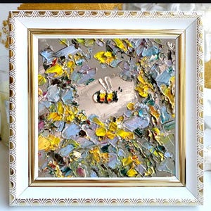 Bee Painting Honey Bee Original Art Yellow Flower Artwork Honeybee Grey Art Bumblebee Oil Impasto Small Floral Mini Meadow Framed Tender