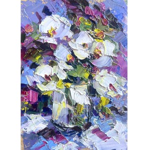 Fleur peinture abstraite fleur art original petit blanc botanique mural art couteau à palette empâtement peinture à l&#39;huile texturé bouquet violet dans un vase