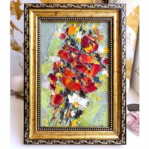 Poppy painting Flower original art red poppies artwork Oil impasto textured Abstract Poppy Field small mini Birth Floral wall art Framed