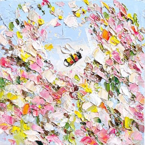 Bee Painting Honey Bee Original Art Pink Flower Artwork Oil Impasto Meadow Honeybee Rose Art Bumblebee Small Blue White Floral Cottagecore
