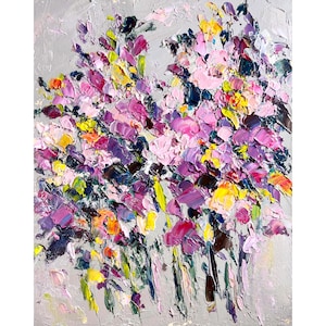 Flower Painting Floral Original Art Abstract Meadow oil Impasto Artwork Small Art Grey Purple Pink Textured WildFlower Modern Art