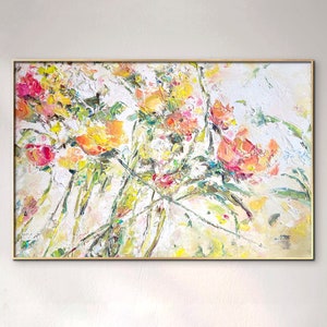 Abstract Floral Painting Flower Original Art Wildflower Oil Impasto Artwork Orange Meadow Beige Modern Textured Wall Art on Canvas