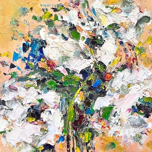Flower Painting Floral Original Art Oil Impasto Abstract White Peony Artwork Small Wall Art Textured Botanical Modern Art 8”