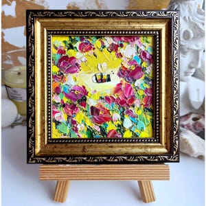 Bee Painting Honey Bee Original Art Pink Rose Flower Artwork Mini Honeybee Colorful Yellow Art Bumblebee Oil Impasto Small Floral Art 3d